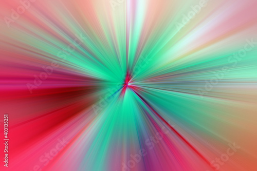 Abstract surface of radial blur zoom turquoise, red and pink tones. Abstract red and turquoise background with radial, diverging, converging lines.