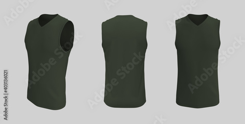 Blank v-neck sleeveless t-shirt mockup in front, side and back views, design presentation for print, 3d illustration, 3d rendering
