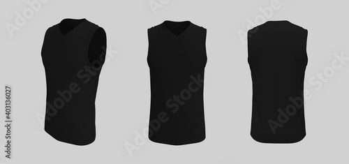 Blank v-neck sleeveless t-shirt mockup in front, side and back views, design presentation for print, 3d illustration, 3d rendering