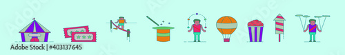 set of circus cartoon icon design templates with various models. vector illustration isolated on blue background