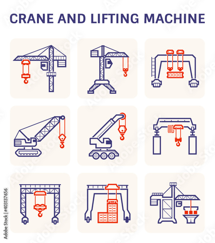 Crane vector icon and lifting equipment i.e. tower, gantry, crawler, mobile, overhead, container. For import export business and industry i.e. construction, shipping transportation and production.