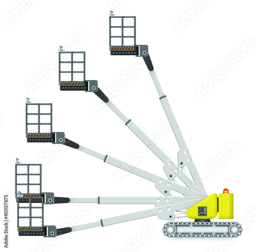 Straight or telescopic boom lift vector. Separate layer of angle. Aerial work platform or elevator with boom, bucket, hydraulic. For transport, maintenance, construction and service at height level.
