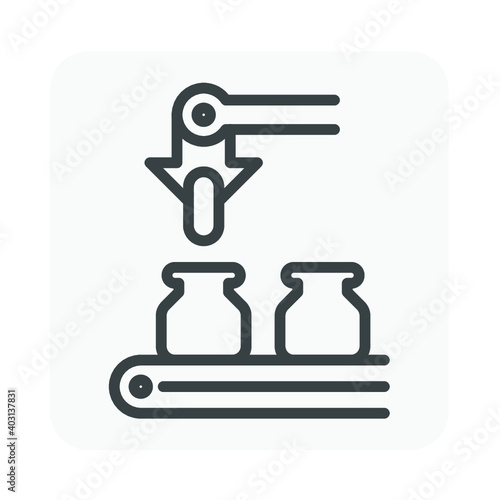 Pharmaceutical and supplement manufacturing industry vector icon. Consist of robot or automated machine filling capsule of drug or medical product in bottle packaging on conveyor and production line.
