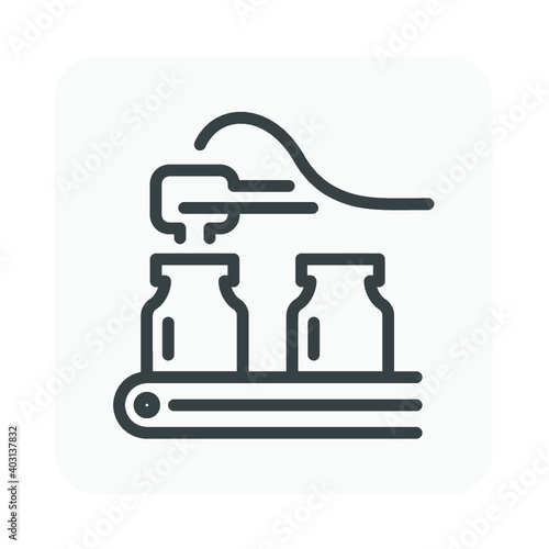 Pharmaceutical, supplement, nutraceutical or cleaning product manufacturing industry vector icon. Consist of robot or automated machine filling liquid in bottle package on conveyor and production line