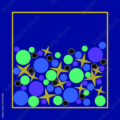 Abstract, vivid and colorful playful collection of blue, green, purple and black circles, and yellow stars, filling up a yellow border square, on a vibrant blue background