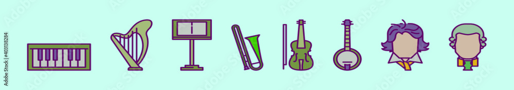 set of classical music cartoon icon design templates with various models. vector illustration isolated on blue background set of classical music cartoon icon design templates with various models. vector illustration isolated on blue background