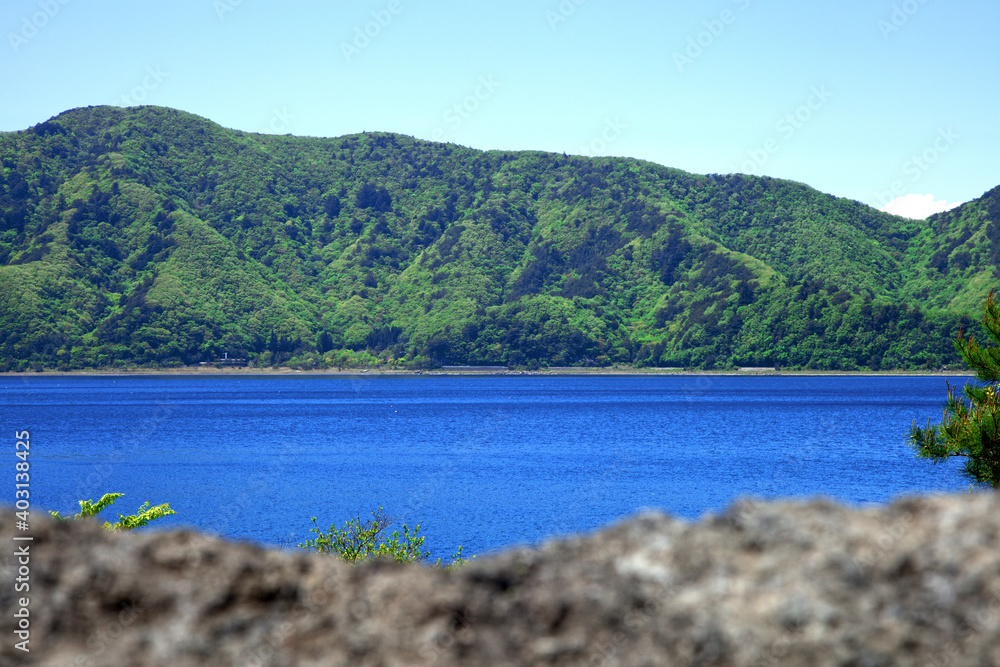 Lake Motosu, one of the Fuji Five Lakes, in Yamanashi Prefecture, Japan.
