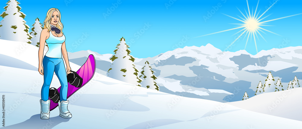 Beautiful young Woman with Snowboard in Mountain Environment Version  3