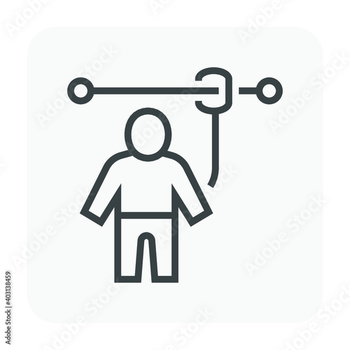 Safety belt vector icon. That uniform or tool with rope or cable is personal protective equipment (PPE) for wear to work at height building to protect, safe or prevent builder person fall, injury.