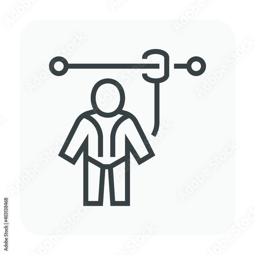 Safety harness vector icon. That uniform or tool with rope or cable is personal protective equipment (PPE) for wear to work at height building to protect, safe or prevent builder person fall, injury.