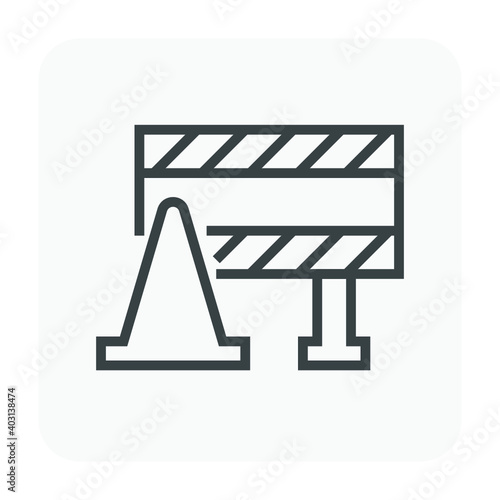 Traffic barricade and traffic cone or pylon vector icon. That warning sign or caution to stop, control or block passage of traffic direction from excavation, repair, improvement or construction area.