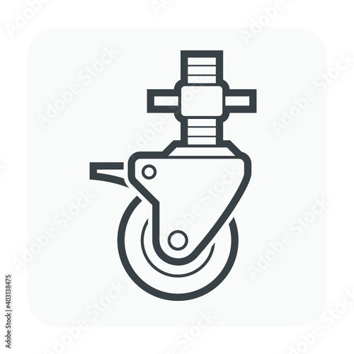 Scaffold caster wheel vector icon. Anti skid swivel type. Item is a construction equipment and component of scaffold. Consist of rubber wheel, brake and adjustable screw. For rolling to move scaffold.