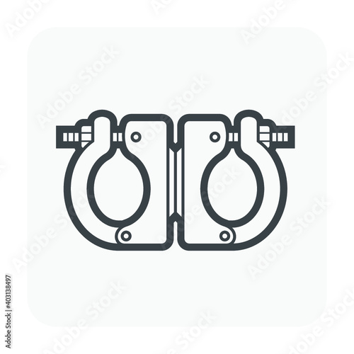 Clamp or coupler scaffold vector icon. Device is construction tool or equipment, component of scaffold and construction frame. For hold tube or pipe tightly together to prevent movement or separation.
