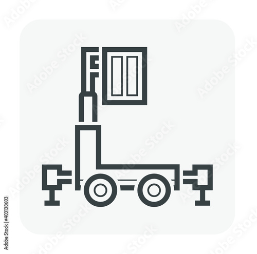 Elevating lift, vertical small man lift or personal lift vector icon. Aerial work platform or elevator with telescopic boom, bucket. For transport, maintenance, construction, service at height level.