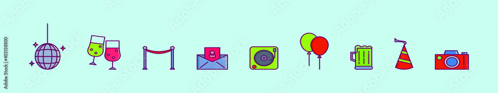 set of party cartoon icon design templates with various models. vector illustration isolated on blue background set of party cartoon icon design templates with various models. vector illustration isolated on blue background