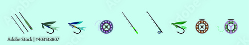 set of fly fishing cartoon icon design templates with various models. vector illustration isolated on blue background