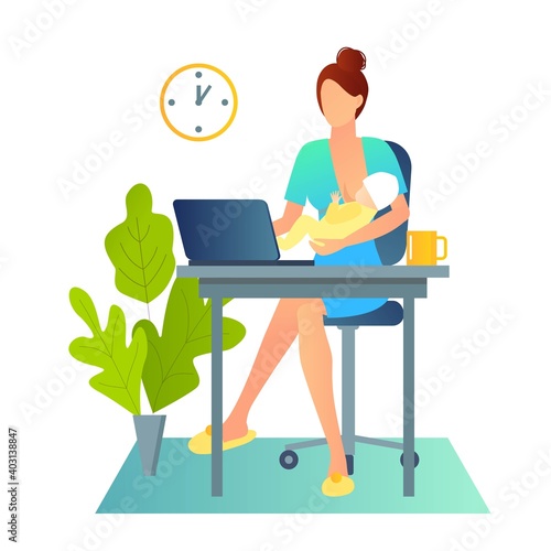 Young mother breastfeeds her baby while working with laptop. Female freelancer working or studying on laptop at home. Freelance lifestyle. Concept with woman on coronavirus quarantine.
