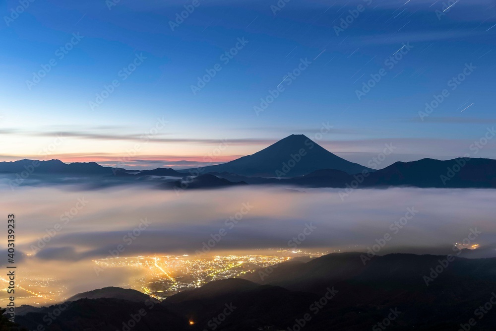 Mount Fuji and the sea of mist before sunrise in autumn Mount Fuji and the sea of mist before sunrise in autumn