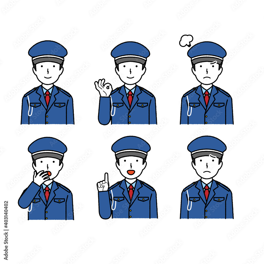 Male security guard facial expression illustration set, collection Male security guard facial expression illustration set, collection