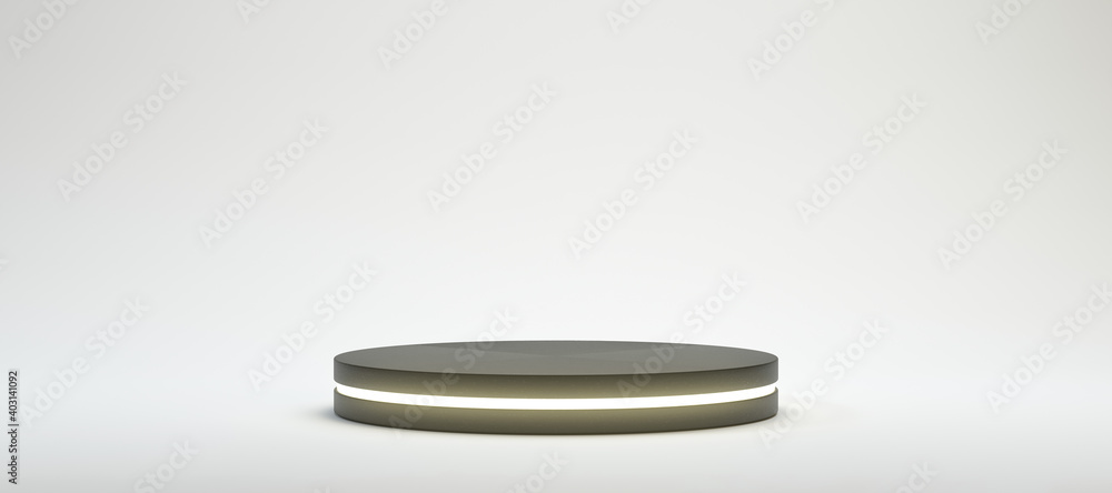 circular black pedestal with build in light in front of white background - obrazy, fototapety, plakaty 