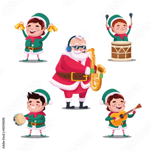 happy merry christmas bundle of santa and elfs playing instruments
