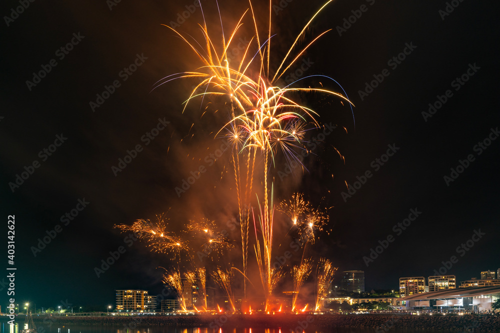 2021 New Year's Eve fireworks at the Waterfront in Covid-free Darwin, Northern Territory.
