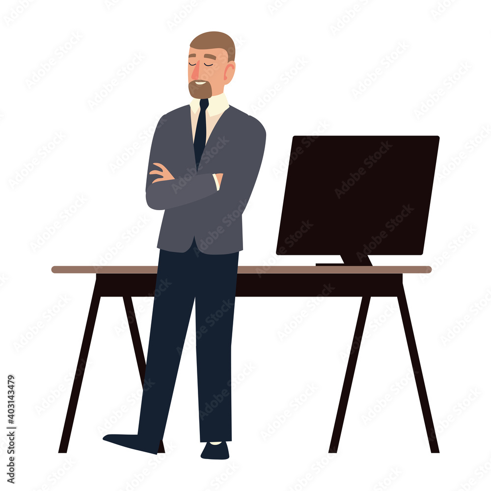 business man cartoon workspace office desk computer