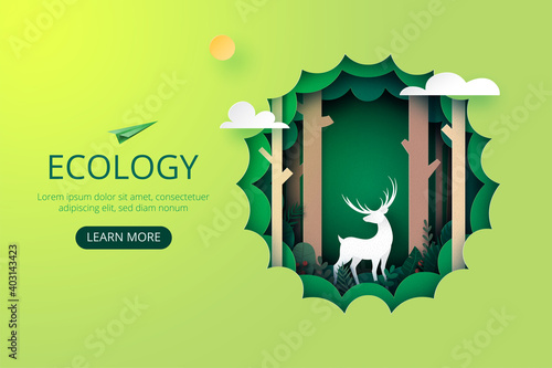 Paper art of green ecology.Protection wildlife and nature for environment conservation concept landing page website template background.