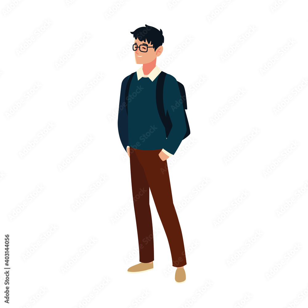 student man with glasses and bag character, cartoon people student university