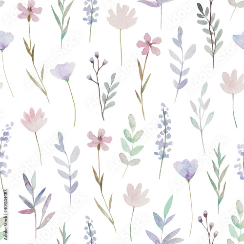 Cute delicate floral pattern with meadow flowers and plants. Watercolor illustration.