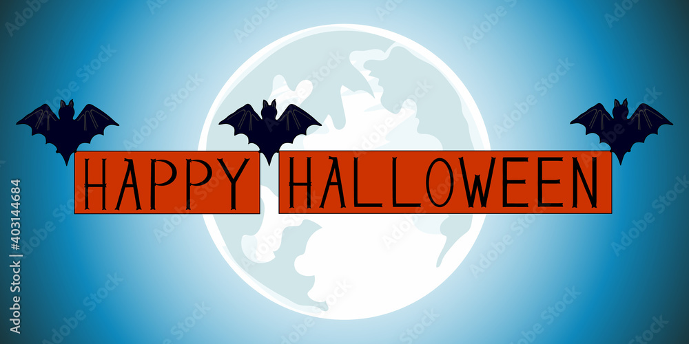 Obraz premium Halloween card. Bats are an inscription Happy Halloween. background of the full moon. Hand drawing. Illustration.