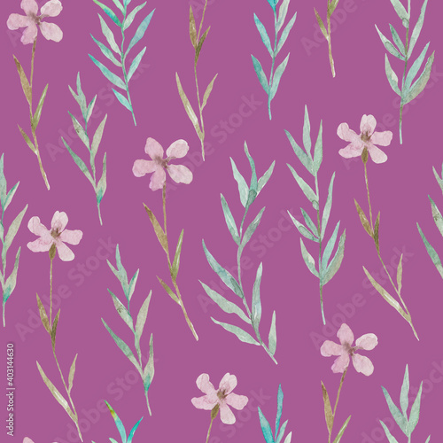 Watercolor seamless pattern with delicate meadow pink flowers. 