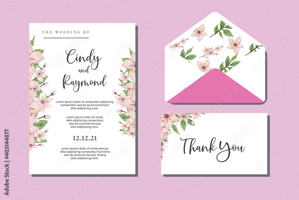 Cherry blossoms Watercolor Wedding Invitation Elegant Floral Design, Sakura Flower