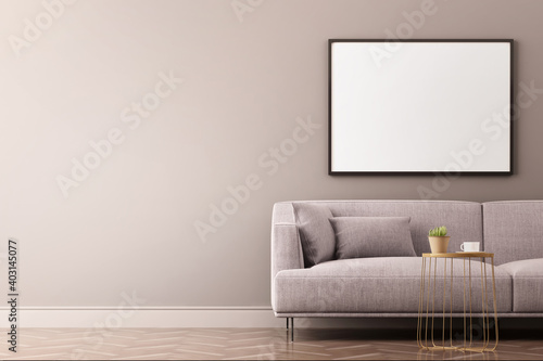 3d rendering of mock up Interior design for living room with picture frame on white wall