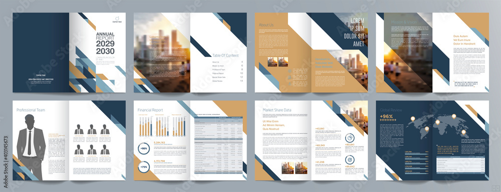 Naklejka premium Corporate business presentation guide brochure template, Annual report, 16 page minimalist flat geometric business brochure design template, A4 size.