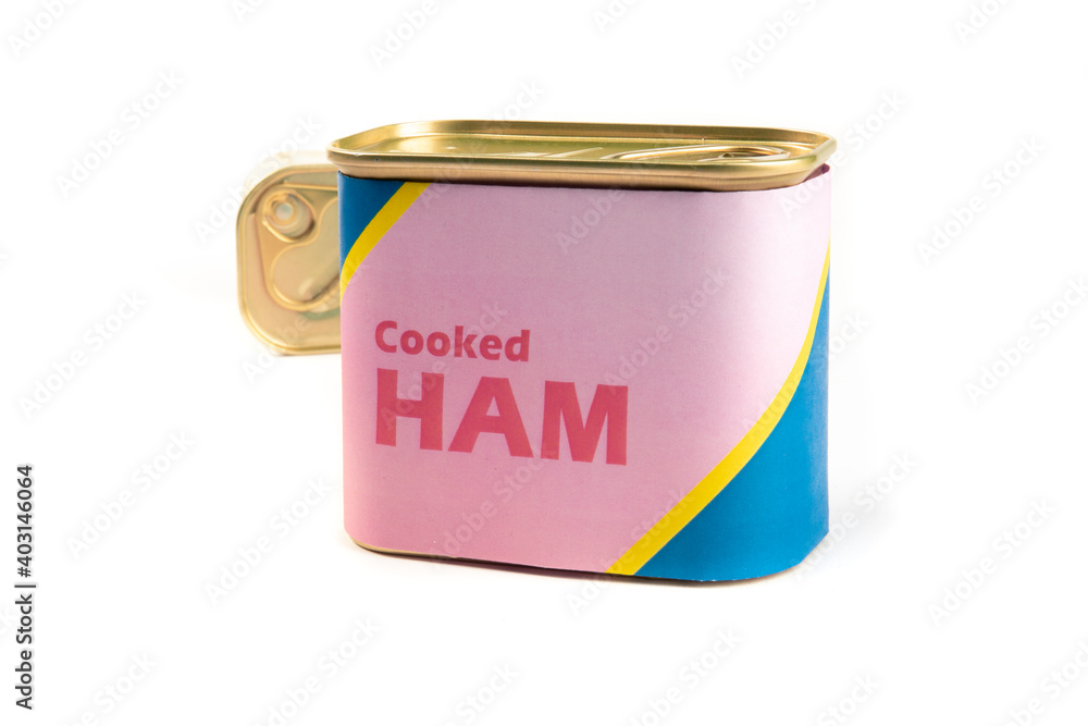 Two generic labeled food cans of cooked luncheon ham isolated on w