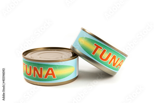 Bilde på lerret Two generic labelled food cans of tuna fish isolated on white