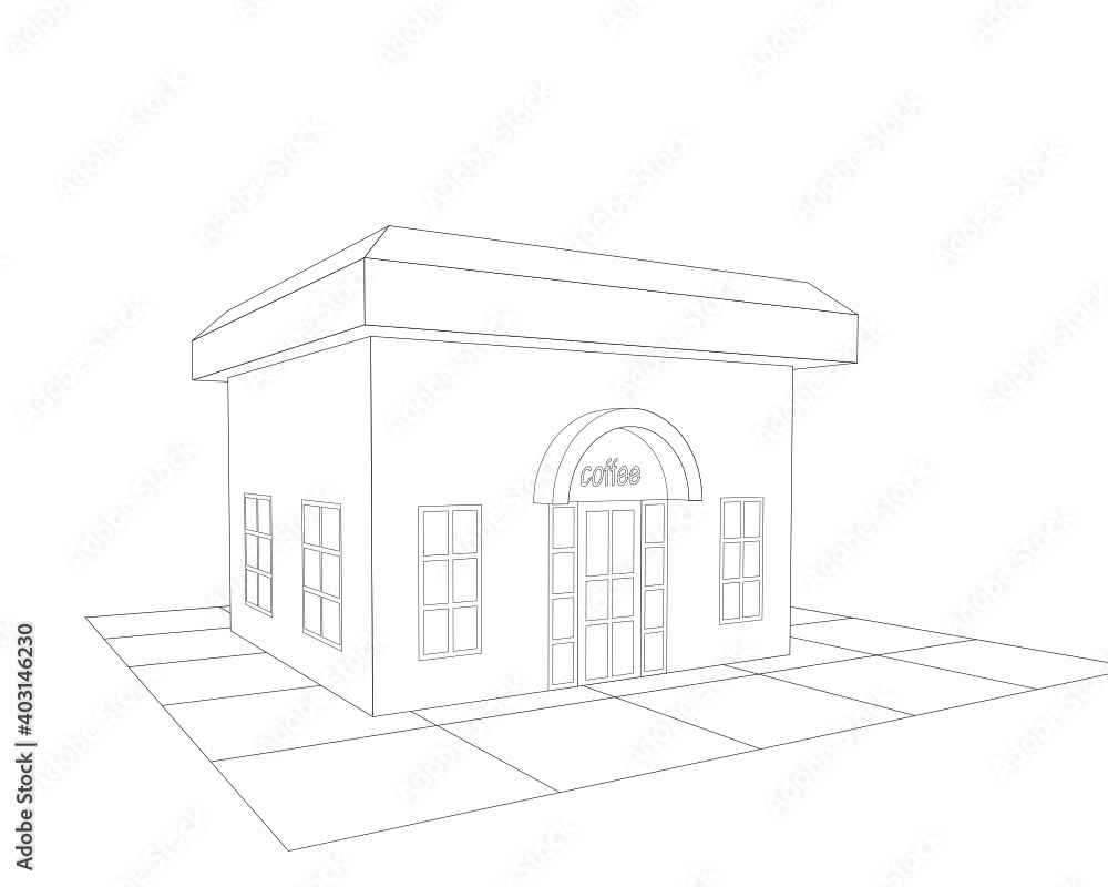 vector of a 3d coffee shop building. outline drawing
