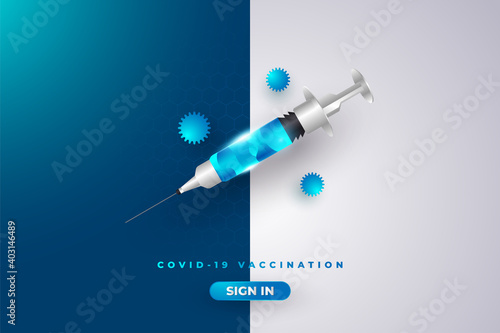 Coronavirus vaccine and syringe injection for Covid19 immunization treatment. Covid19 Vaccination banner