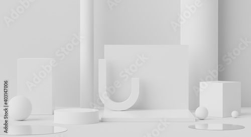 3d rendering geometric forms. Blank podium display in white marble color. Minimalist pedestal or showcase scene for present product and mock up.