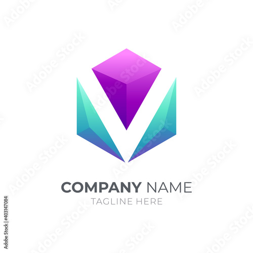 Crystal letter V logo with 3d concept in gradient blue and purple color 