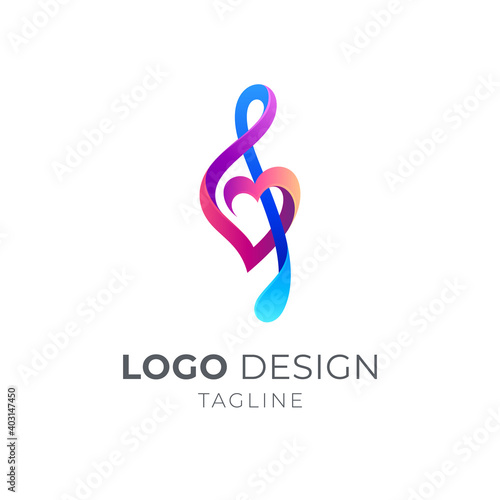 Love music logo, Music note and heart shape with 3d logo concept in multiple color