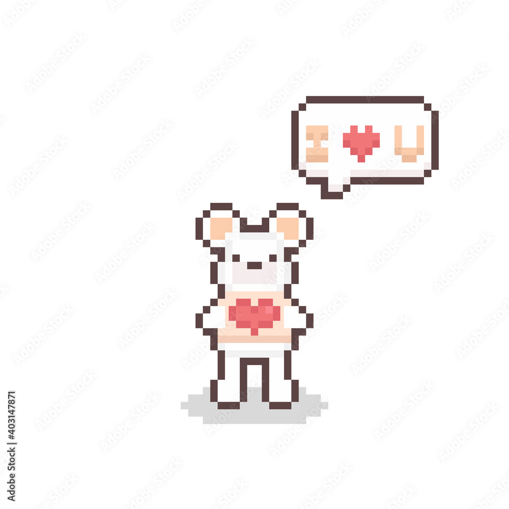Pixel art cute white bear holding a heart sign.
