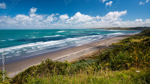Panorama of Ngarunui beach  perfect surfing spot in Raglan  Waikato  New Zealand