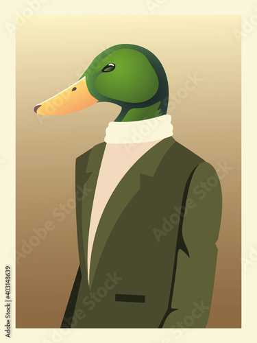 people art animals, duck character fashion hipster and vintage clothes