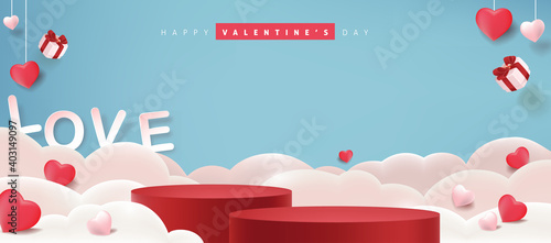 Valentines day background with product display and Heart Shaped Balloons.  