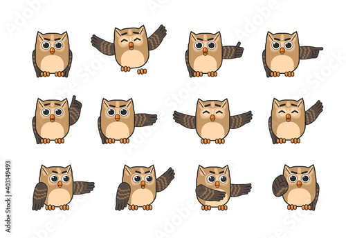 Set of brown owl characters showing variuos hand gestures. Owl mascot pointing, greeting, celebrating, jumping, showing thumb up and other gestures. Modern vector illustration