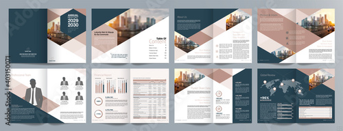 Corporate business presentation guide brochure template, Annual report, 16 page minimalist flat geometric business brochure design template, A4 size.