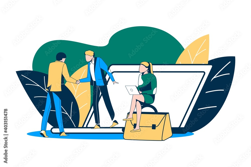 Business people working together. Tiny persons at workplace with huge laptop computer. Business meeting, brainstorming, negotiations concept vector illustration