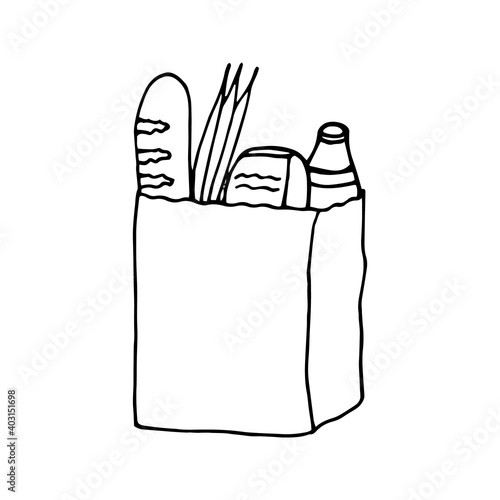 paper bags with groceries icon. sketch hand drawn doodle style. vector minimalism monochrome. shopping, shop, food, bread, milk.